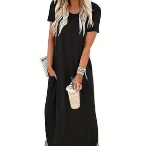 Black crew neck maxi dress with slit and pockets